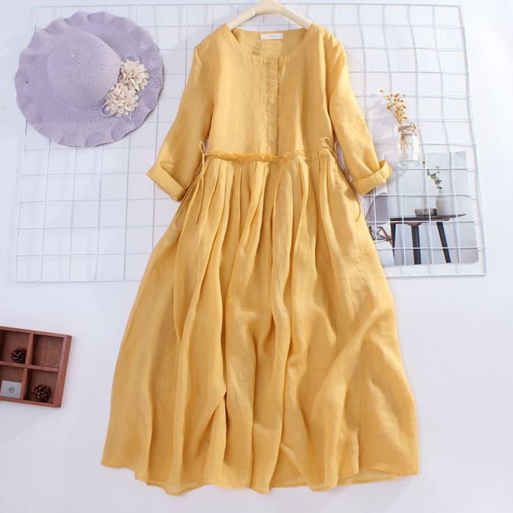 [Cotton Linen] Women's Clothing Cotton Linen Dress Artsy Vintage Round Neck Seven-point Sleeve Loose Skirt