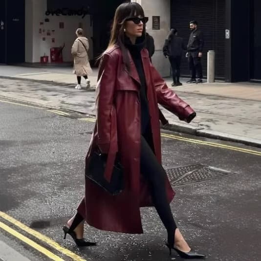Women's Clothing Mid Length Leather Jacket Women's Coat Loose Large Version Fashionable All Match Coat Trend