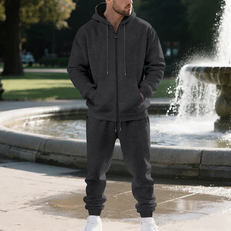 Men's Heavyweight Fleece-Lined Hooded Sweatshirt Set - Winter Zip-Up Hoodie & Jogger Pants, Warm Polyester Blend, S-XXXL