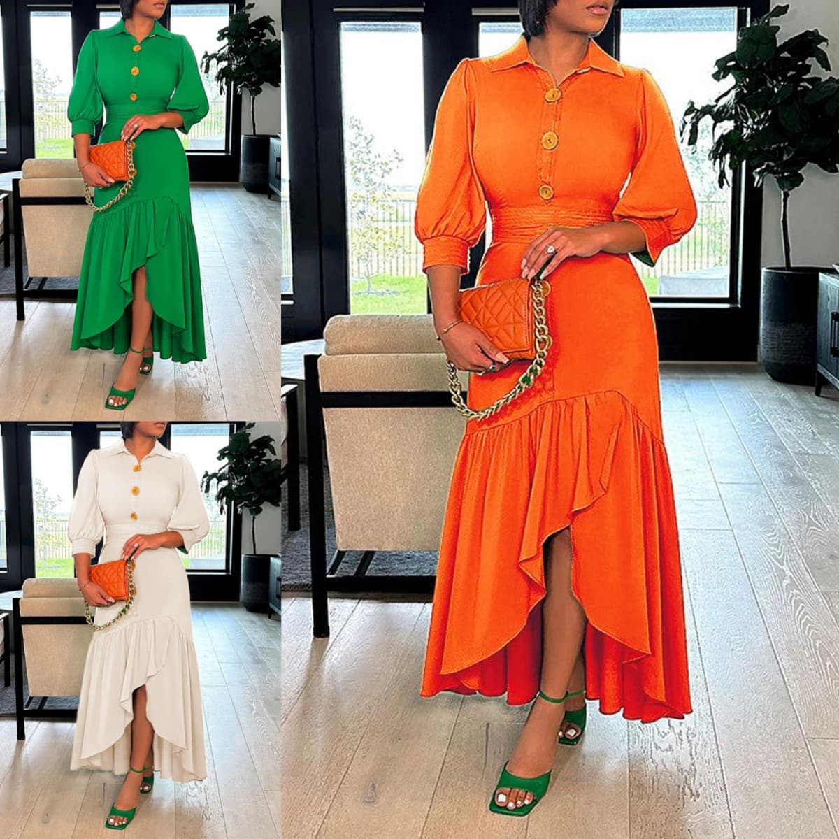 Women's Clothing Single Breasted Belt 7 Point Sleeve Irregular Slim Pleated Long Skirt