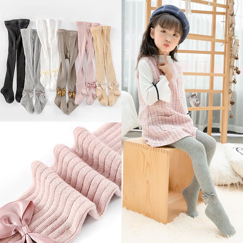 Cross-border Autumn New Korean Cotton Knitted Bow Vertical Strip Pantyhose Girls 5-8 Years Old Children's Socks 3 Base Socks