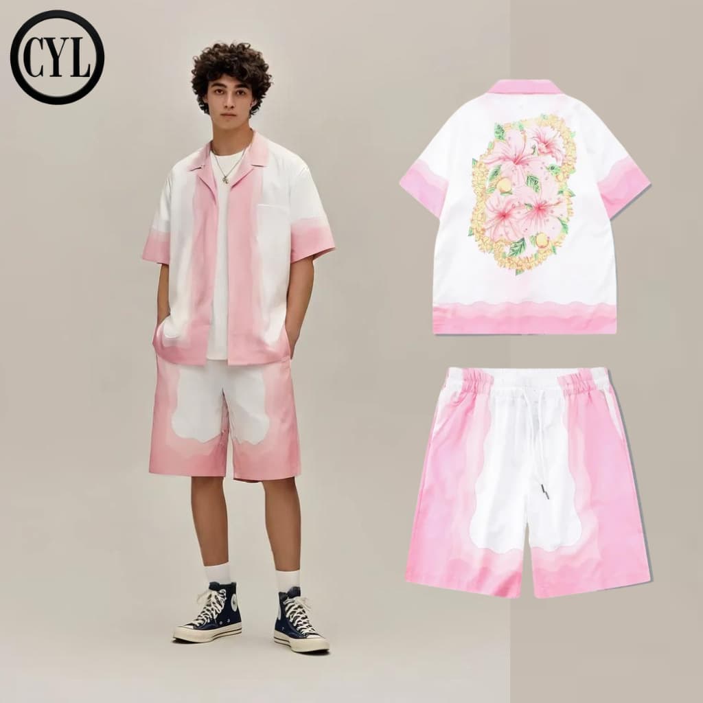 Men's Clothing Atmosphere Pink Cuban Collar Shirt Suit Men's Spring And Summer Niche Trendy Shirt Short Sleeved Shorts