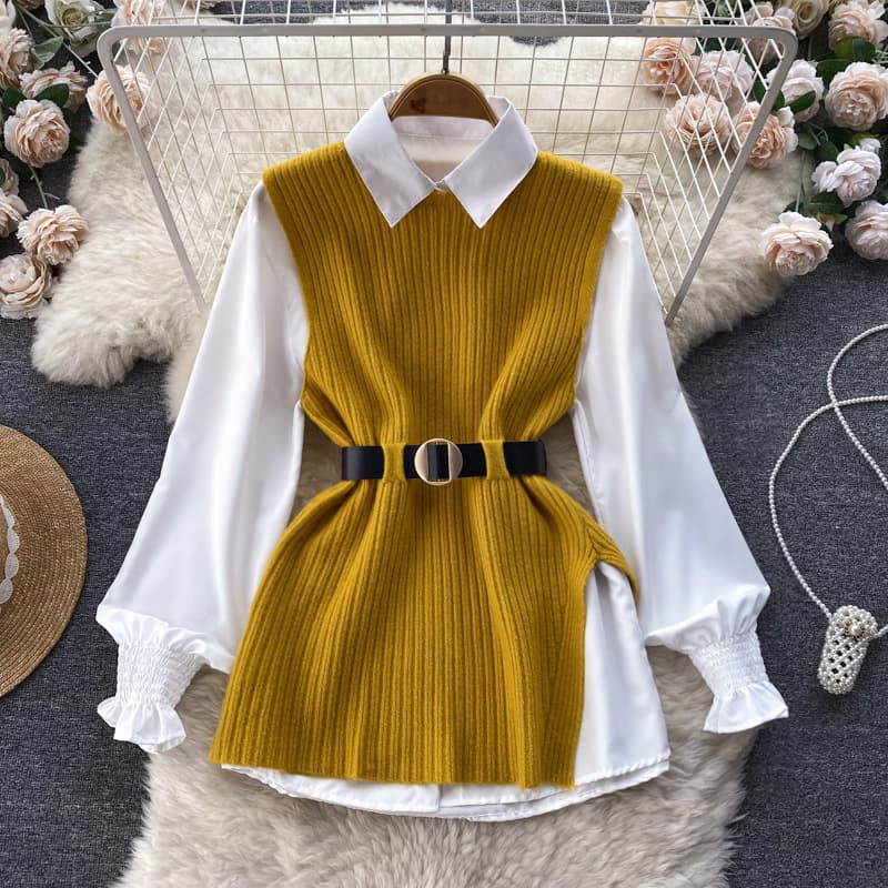 Women's loose long-sleeved white shirt top + split knit vest vest two-piece set