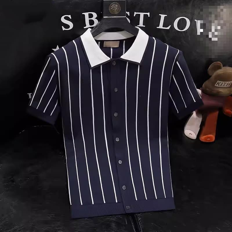 New Style Men's Short Sleeve Premium Collared T-Shirt Trendy Striped Knitwear British Style Cardigan Polo Shirt