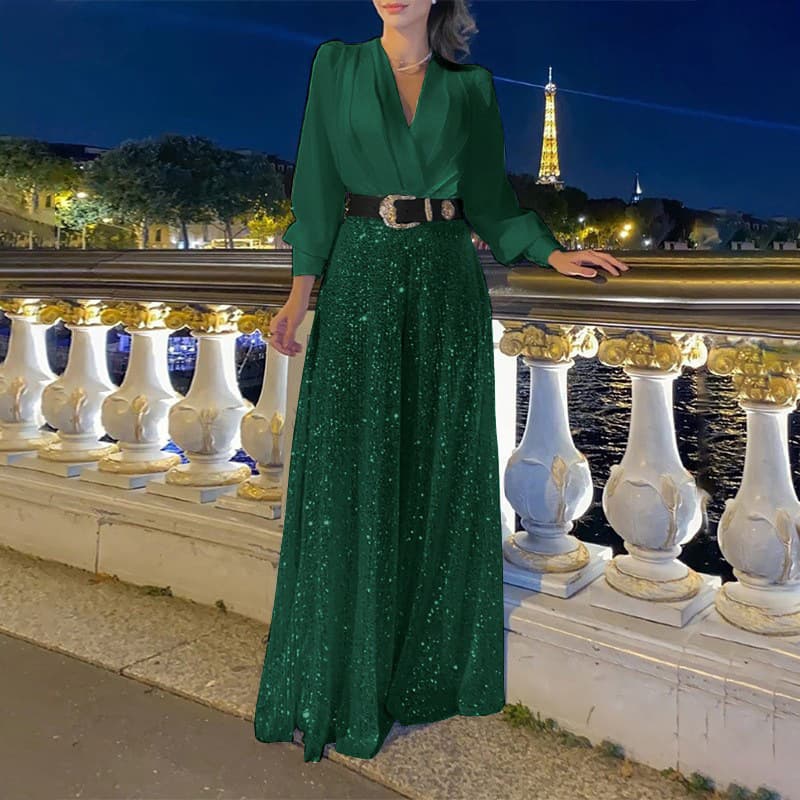 Women's Clothing High End V Neck Long Sleeved Shirt Temperament Elegant Waist Sequin Wide Leg Pants