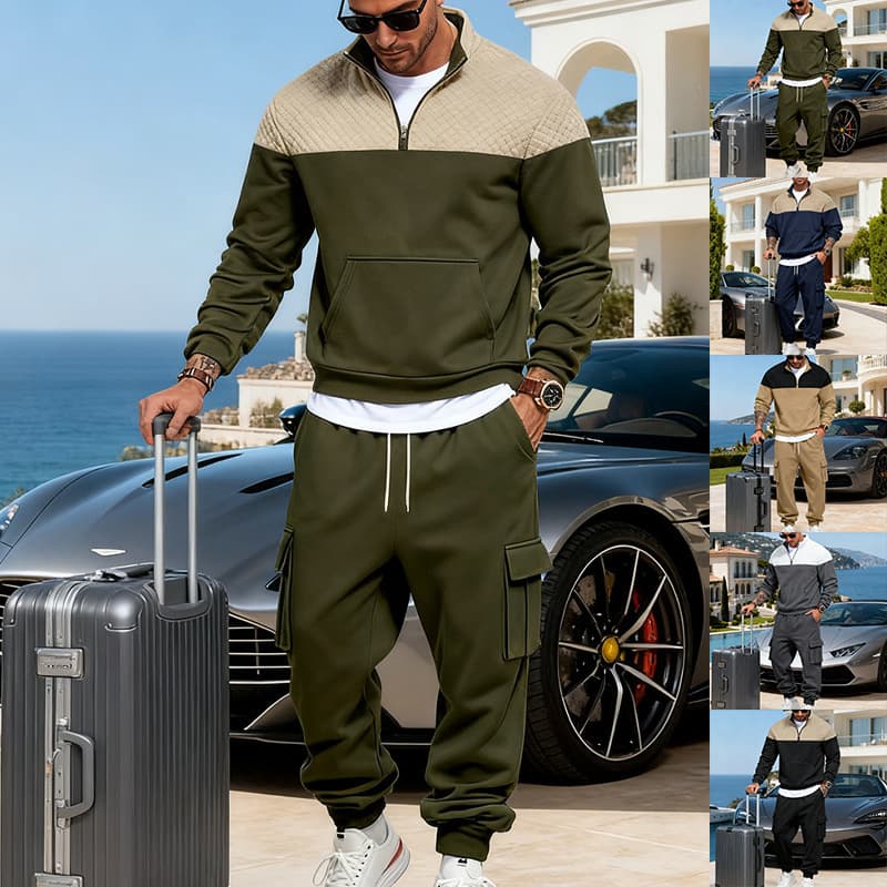 ​​Men’s Fleece-Lined Workwear Hoodie & Jogger Set – Contrast Stitch, Stand Collar (6 Colors, S-XXXL)​​