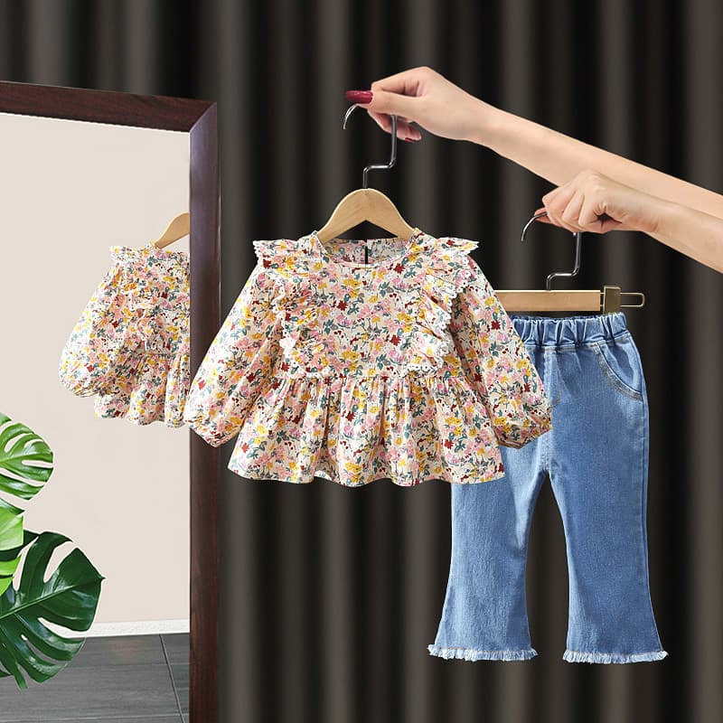 Mother&Kids Girls Fashion Floral Doll Shirt Long Sleeve Top Lace Jeans Two Sets