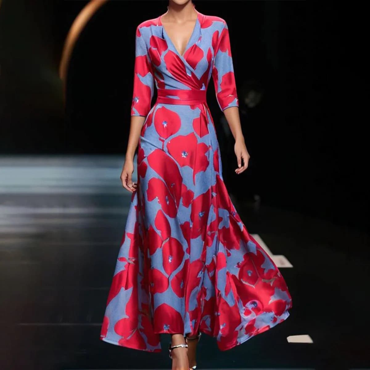 Women's Clothing temperament V neck three quarter sleeve women's long dress