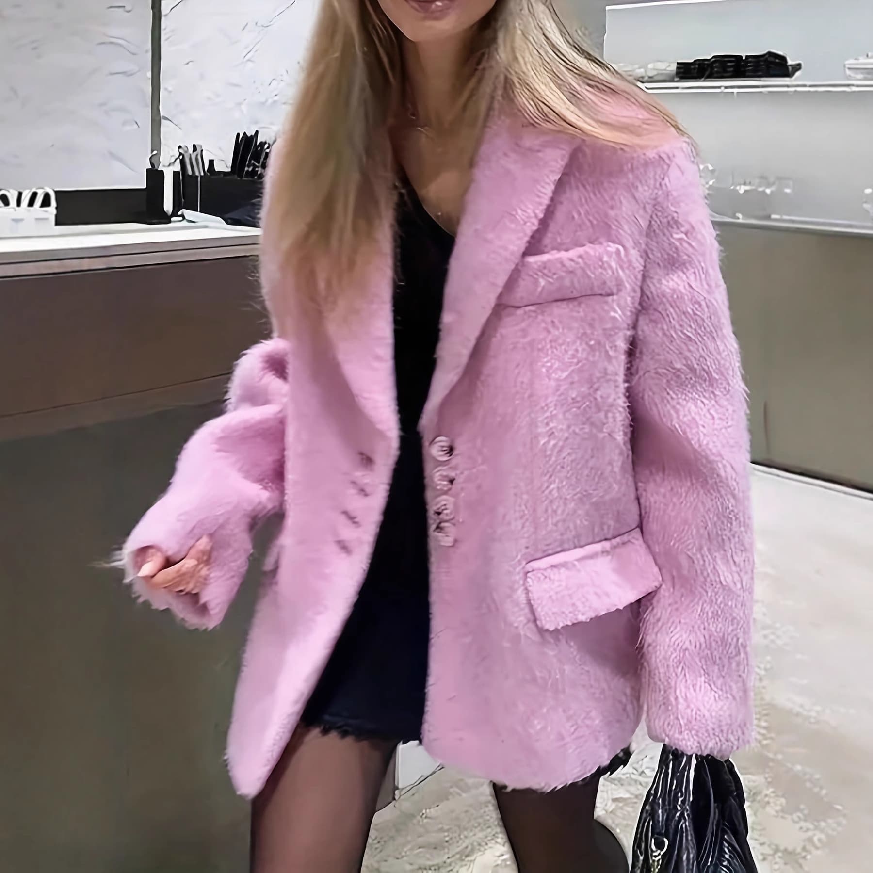Elegant Women's Blazer Coat With Notched Lapel & Single-Breasted Button Closure - Soft Fleece Long Sleeve Trench Jacket In Dusty Pink (Xs/S/M/L)