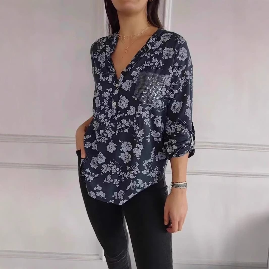 Women's Clothing Loose Casual Long Sleeved Printed Pocket Shirt