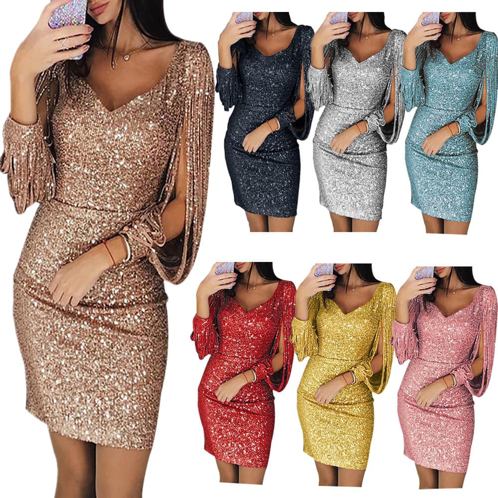 Women's Clothing Shiny Tassel Long Sleeved Slim Nightclub Hip Dress