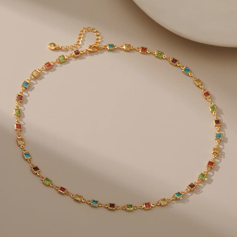 Square colored zircon creative necklace niche design versatile handmade beaded K real gold necklace