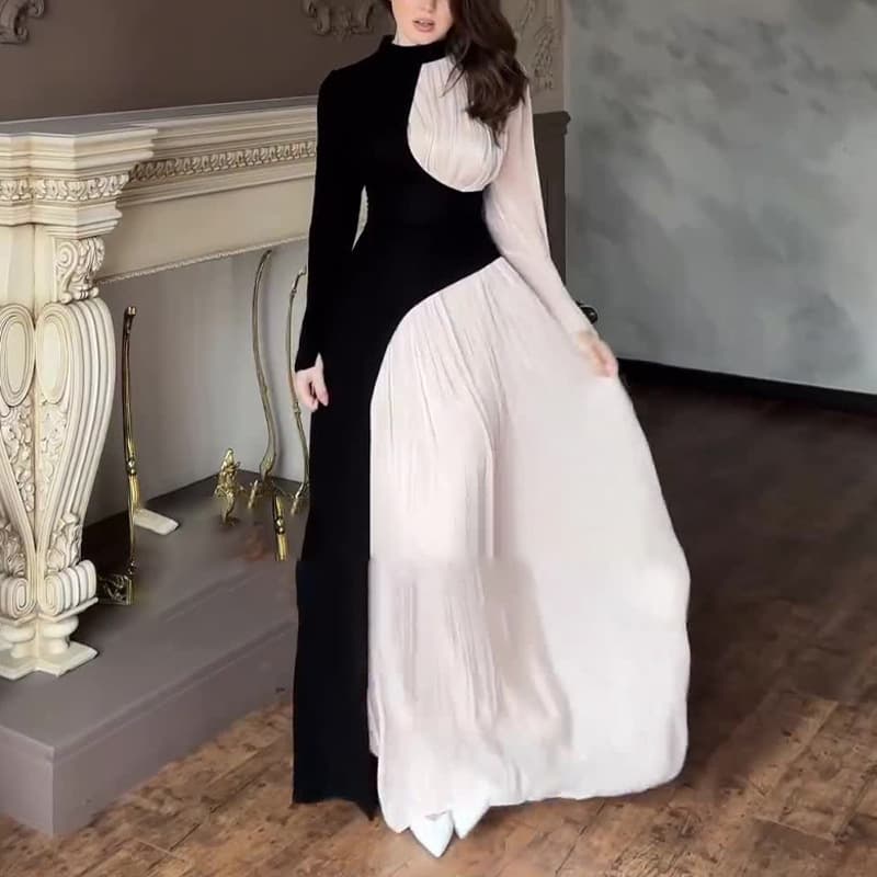 Women's Clothing Round Neck Contrast Color Long Sleeve High Waist Slim Temperament Retro Dress