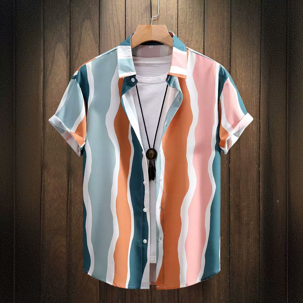 Men's Clothing short-sleeved shirt fashion dark green and pink striped printed men's shirt summer foreign trade men's clothing 2024 new cross-border