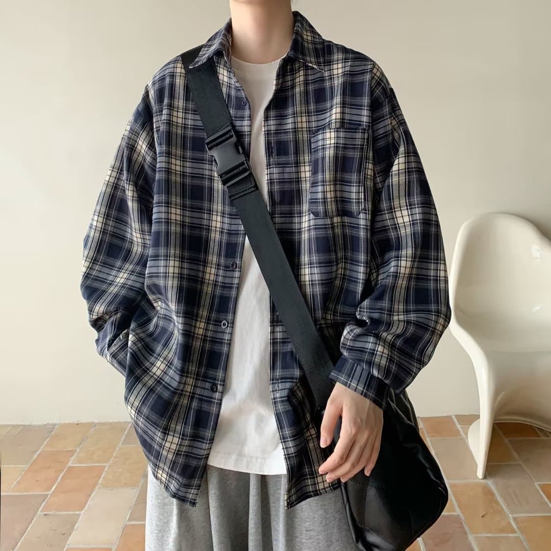 Men's Plaid Shirt – Oversized Streetwear Essential, Japanese-Inspired Layering Piece (M-5XL, Navy & Brown)​