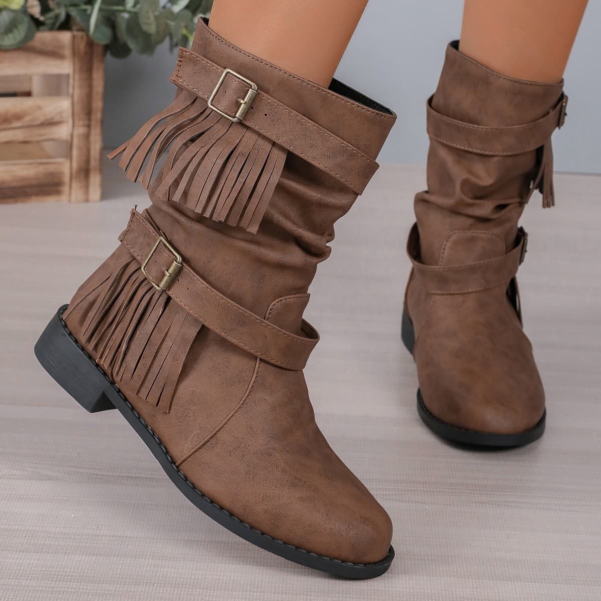 round head water belt buckle large size short boots cross border low barrel retro thick heeled Martin boots