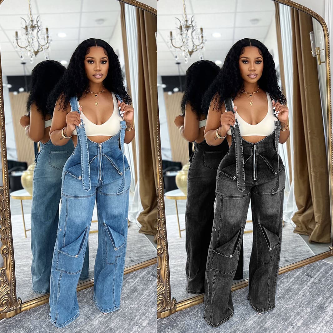 ​​Women's High-Waisted Wide-Leg Overalls – Vintage Denim Jumpsuit (Relaxed Fit, Adjustable Straps, Casual Chic Style)​​