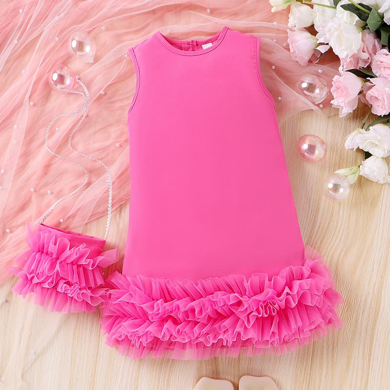 Baoxin Children's Clothing Summer Girls Dress Sleeveless A Line Cake Mesh Skirt + Bag Princess Dress