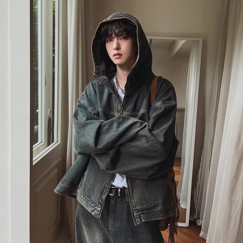 Men's Clothing Autumn Retro Distressed Denim Suit Men's Loose Hooded Jacket Korean Style Trendy Straight Jeans
