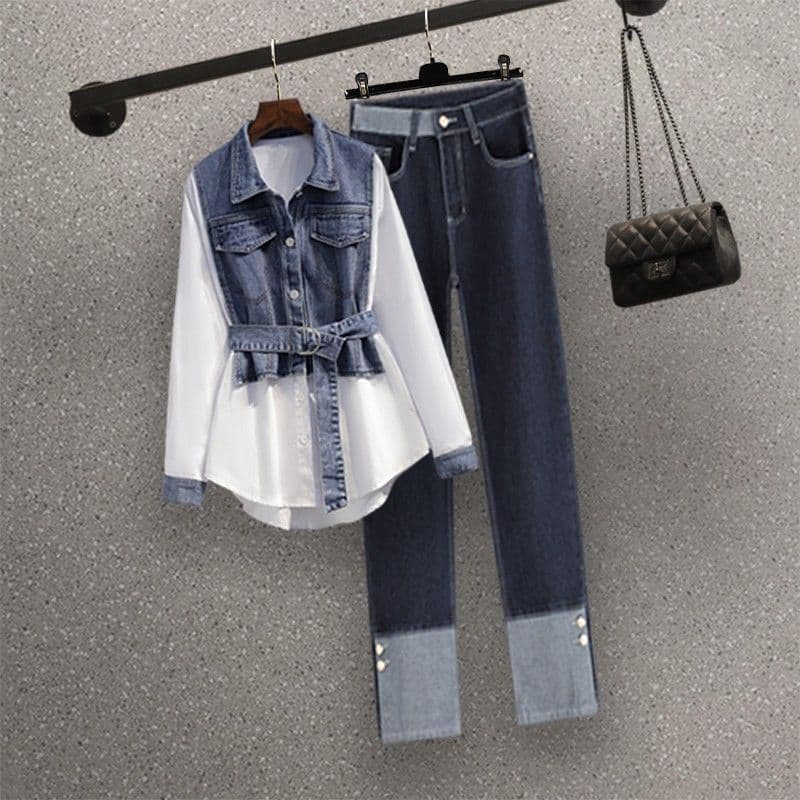 Women's Clothing Plus size women's clothing for fat girls spring new slimming fashion age reducing shirt street jeans two piece suit