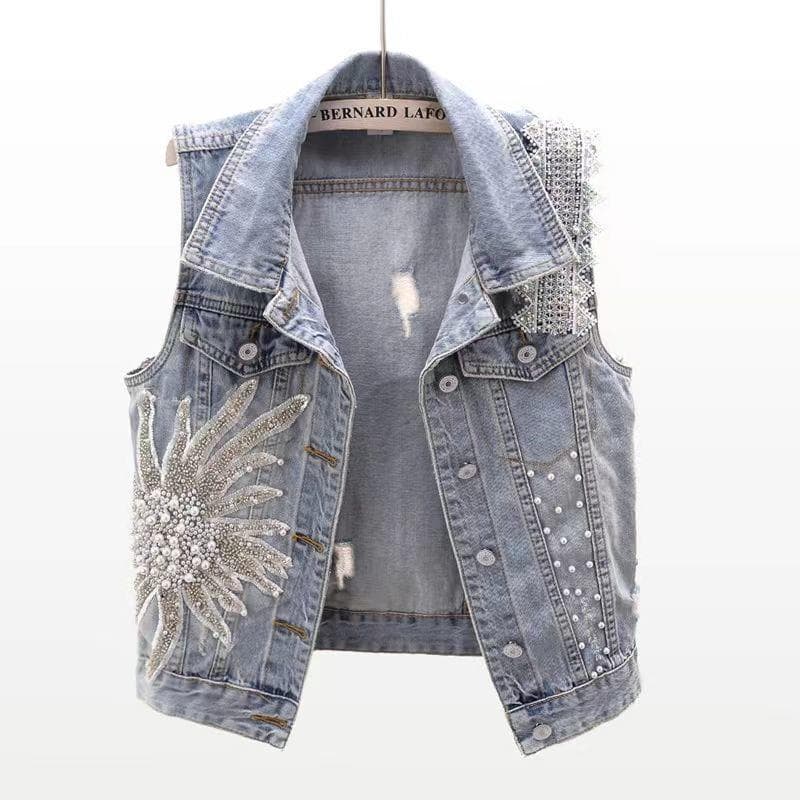 Women's Denim Vest With Lace And Beaded Embellishments – Short Sleeveless Jacket For Casual & Office Wear