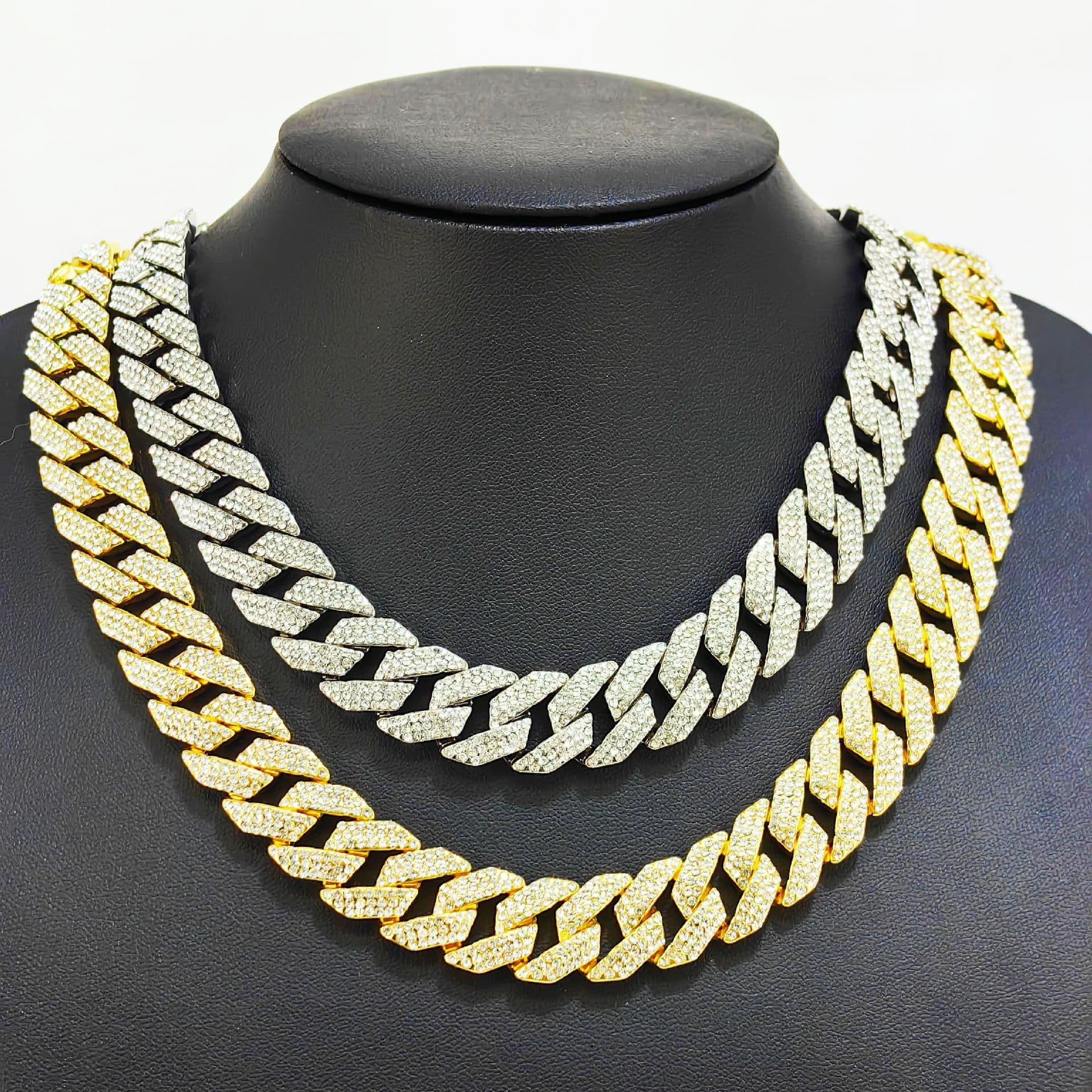 Men’s Jewelry Set Fashion Popular 15mm Diamond Three Row Diamond Full Drill Alloy Men's Necklace Men's Hip Hop Cuban Chain