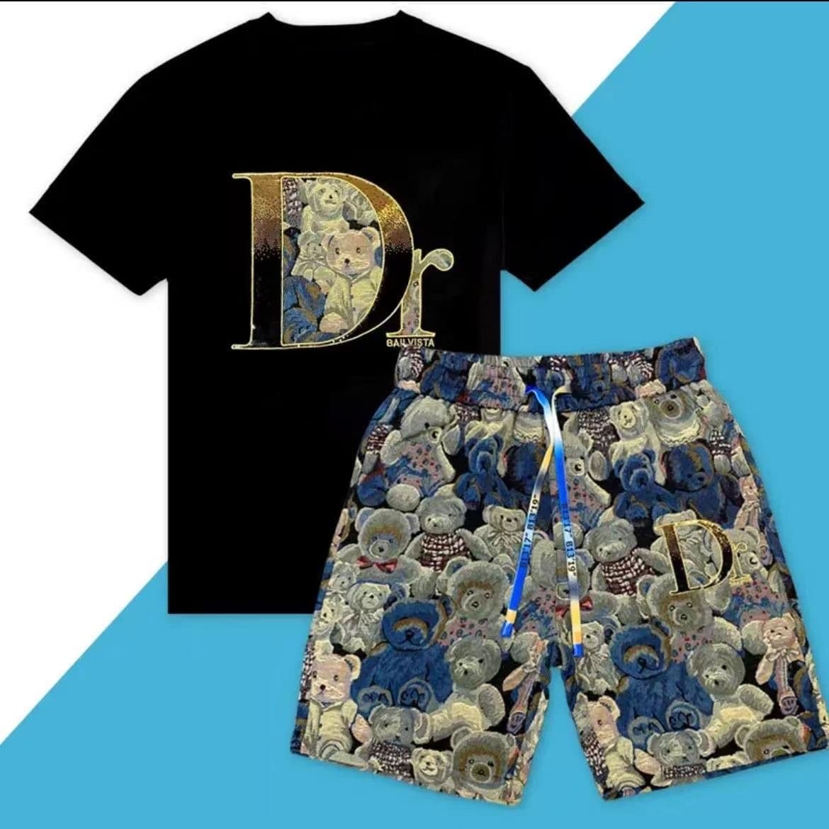 Men's Bear Print Cotton T-Shirt And Shorts Set Casual Summer Outfit Relaxed Fit White Or Black Sizes M to 3XL