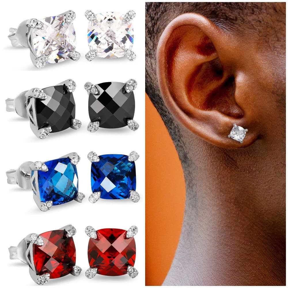 Hip Hop Zircon Earrings for Men 8mm Turtle Face Fat Square Color Diamond Earrings Jewelry