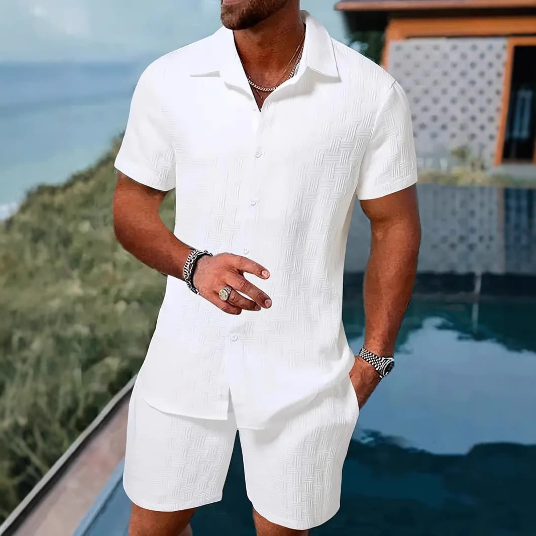 Men's Clothing Summer Jacquard Black And White Solid Color Suit Short Sleeved Men's Vacation Casual Style Shirt Shorts Two Piece Suit