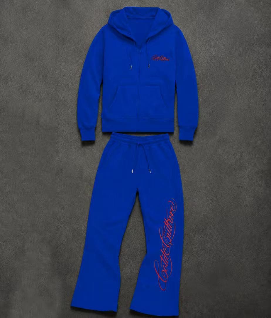 Ensemble deux pièces pour homme : sweat-shirt à capuche zippé imprimé tendance et pantalon large décontracté.