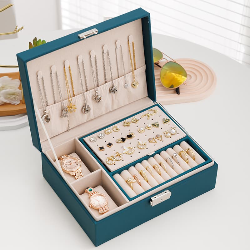 Luxury Double Layer Leather Jewelry Box With Lock - Stylish Organizer For Earrings, Rings, Necklaces & More - Perfect Gift For Women