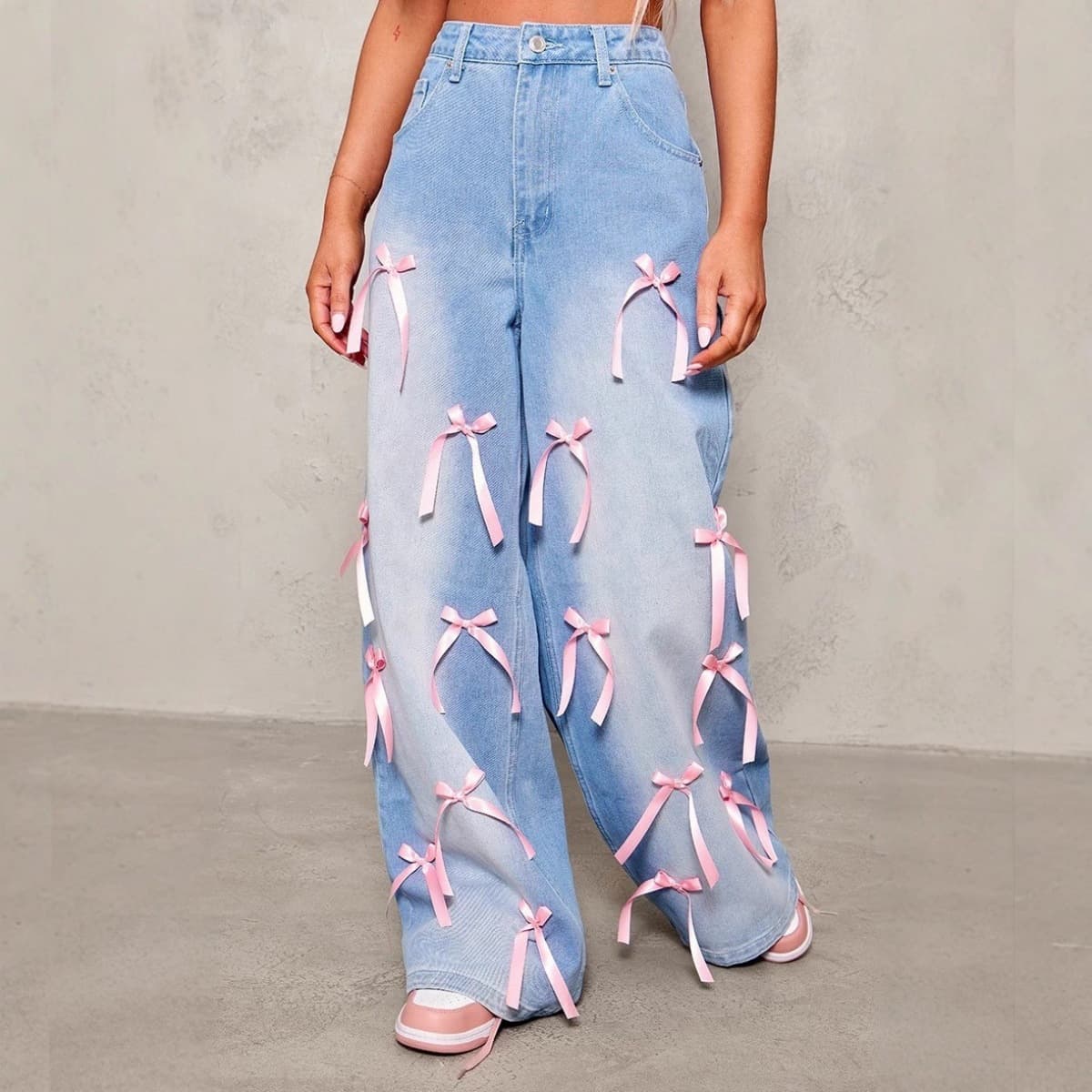 Women's High-Waisted Wide-Leg Jeans - Vintage Distressed Denim Pants With Bow Detail For Streetwear & Casual Outfits