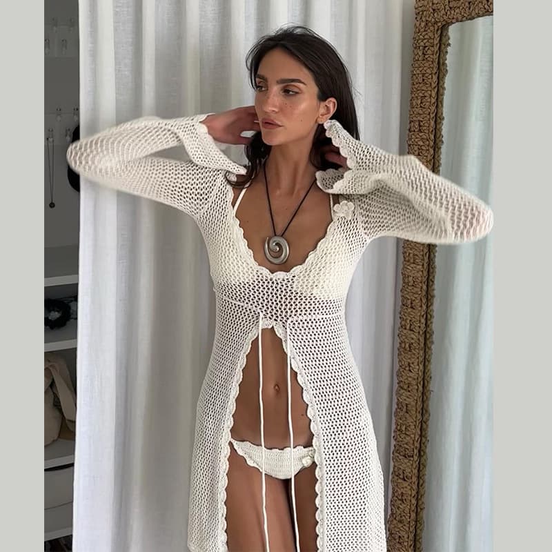beach skirt for women solid color sexy knitted hollow bikini swimsuit cover-up sun protection clothing