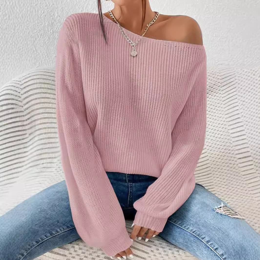 Women's Commuter Style Off-Shoulder Pullover Knitted Sweater Solid Color Loose Casual One-Shoulder Neck Autumn Winter Fashion