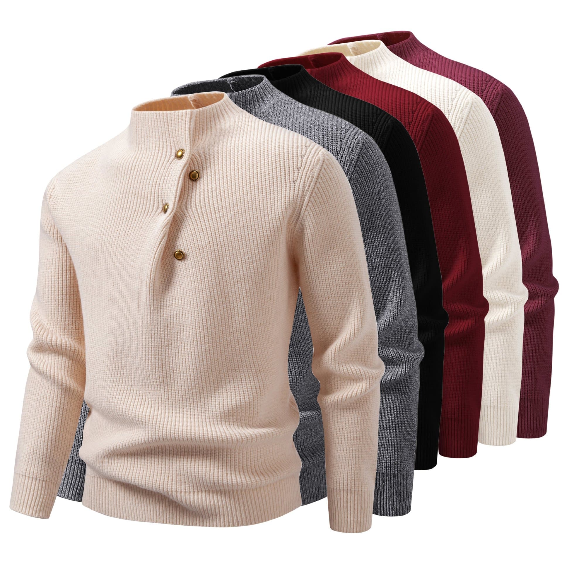 ​​Men’s Slim-Fit Stand Collar Sweater – Button Detail Knit Pullover (White/Grey/Black/Burgundy, M-4XL, Winter Warm)​​