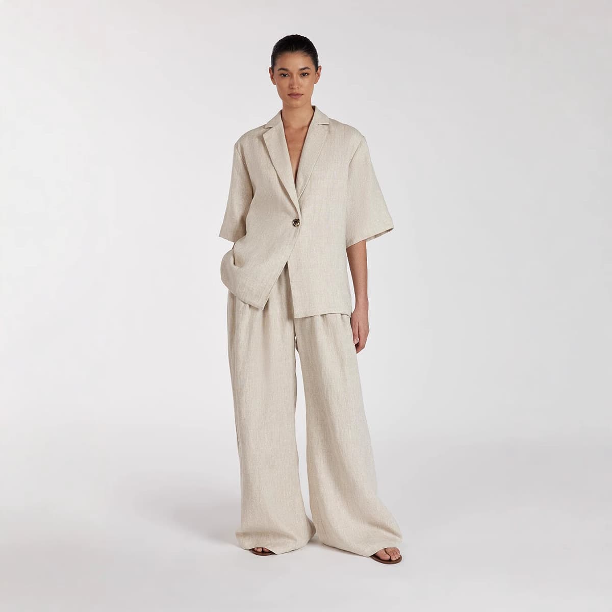 Women's Clothing Spring And Summer New Linen Commuter Suit Women's Lapel Five Point Sleeve Cardigan Top Loose Wide Leg Pants Two Piece Suit