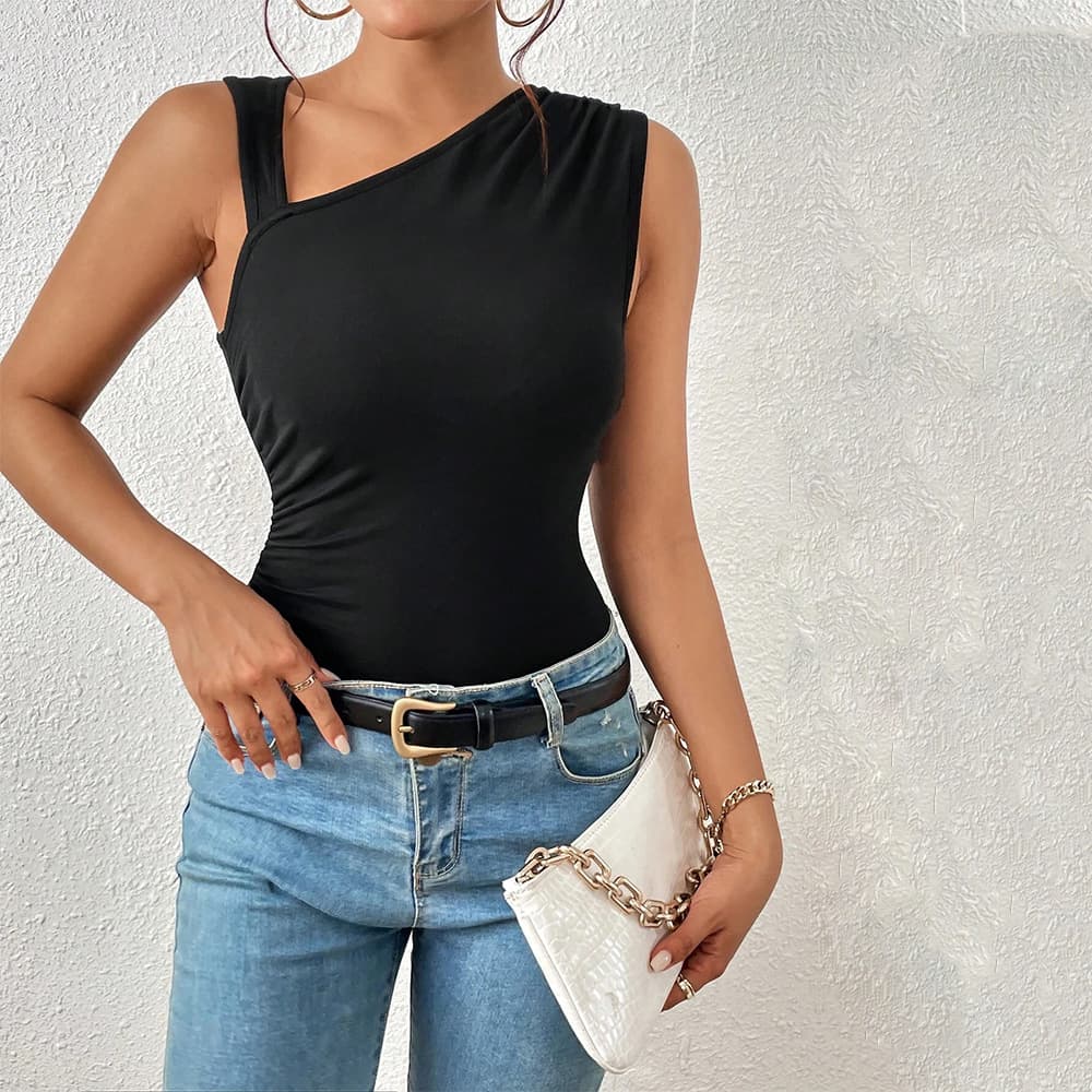 Women's fashion slim knit oblique shoulder sleeveless vest solid color temperament blouse
