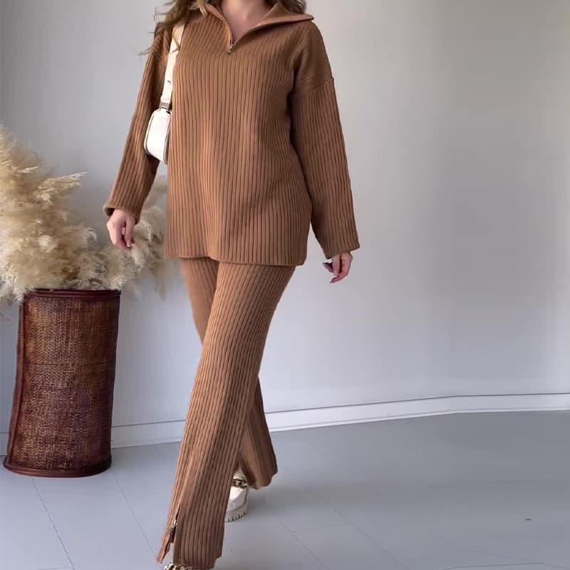 Women's Solid Color Fashionable Lapel Slim Loose Bottoming Sweater Suit