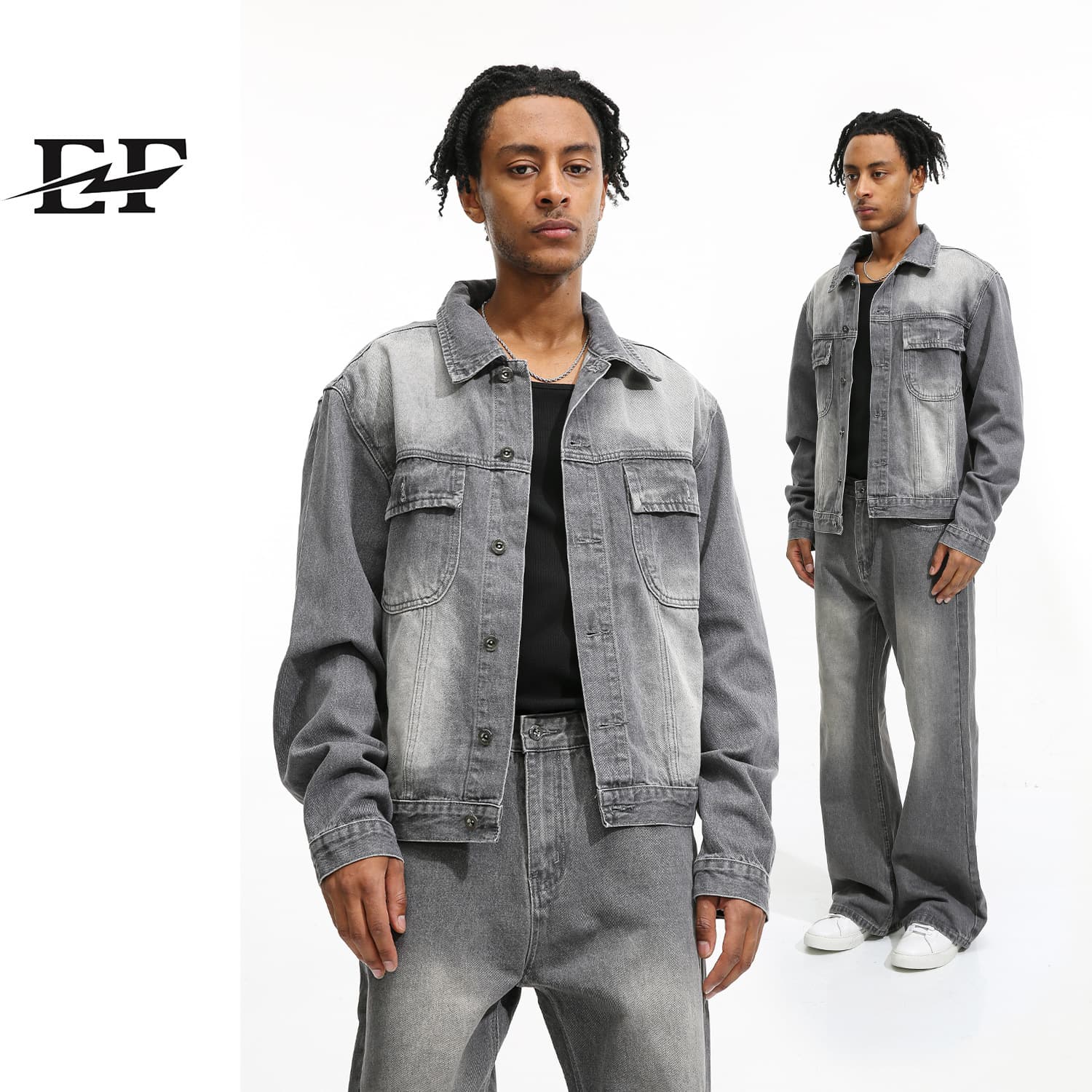 Men's Clothing EF JEANS | Style Casual Loose Mid High Waist Flared Denim Jacket Jacket Set Gray