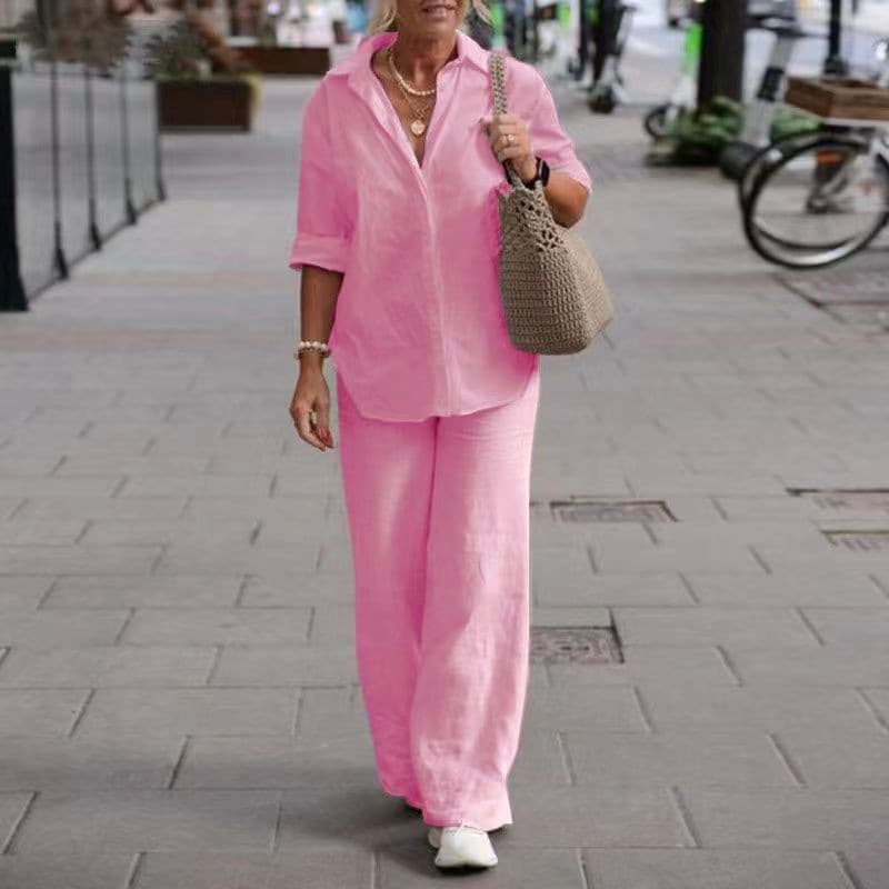 Women's Lapel Long-sleeved Shirt Spring And Autumn Casual Solid Color Pants Wide Leg Suit