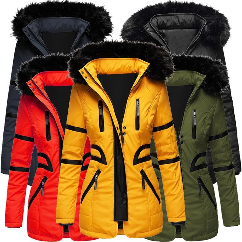 Women's Cotton-padded PU Leather Splicing Coat In Long Fur Collar Cotton-padded Jacket Casual Fashion Warm Cotton-padded Jacket