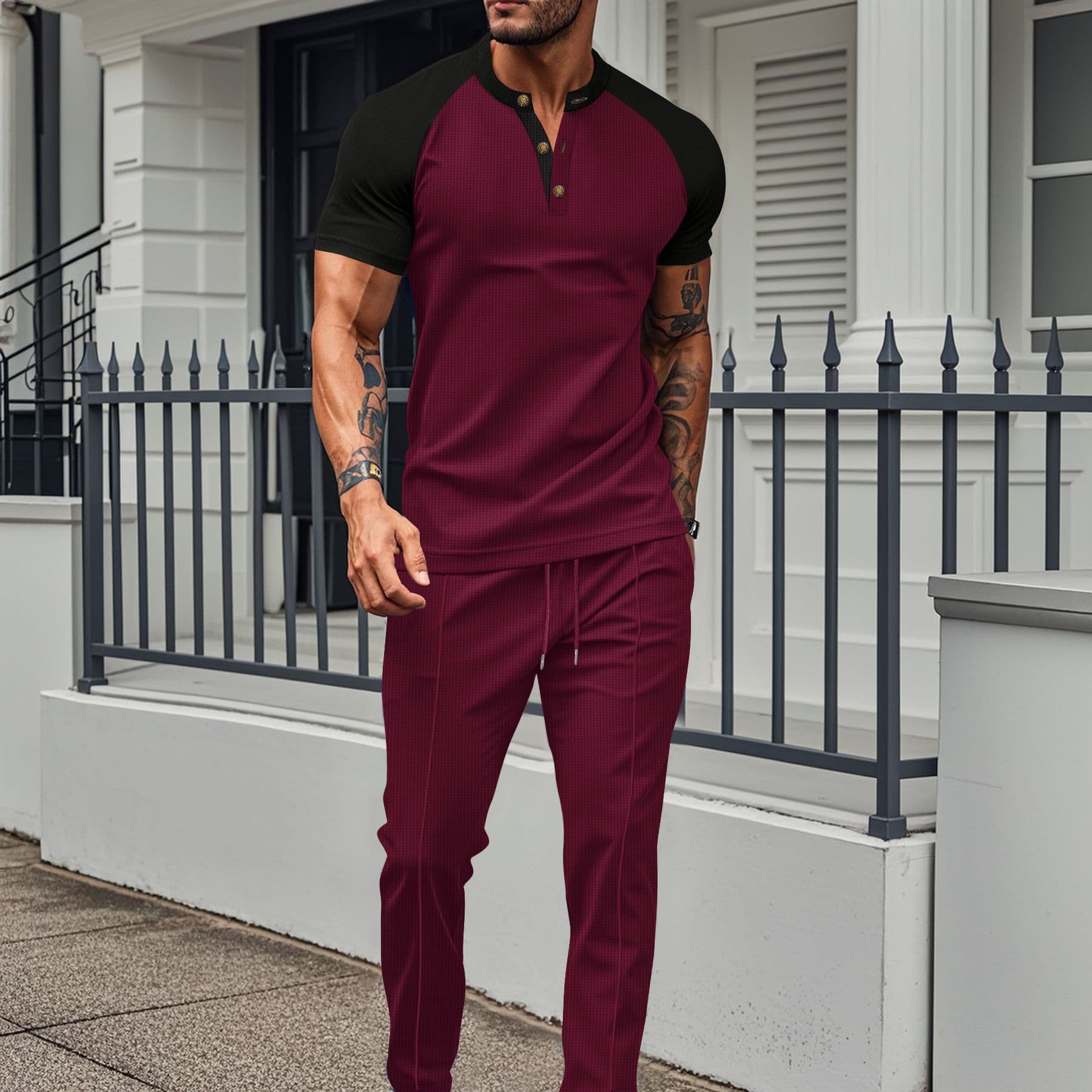 2025 Spring And Summer New Fashion Color Block Casual Waffle Round Neck Short Sleeve Men's T-shirt T-shirt Trousers Outdoor Set
