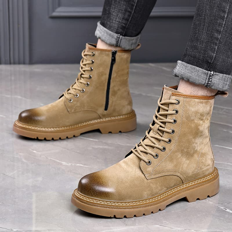 「XGXC」British-style Tartan-finished Martin Boots, Men's Autumn And Winter New Thick-soled, Fleece-lined, Warm Mid-calf Cotton Boots.