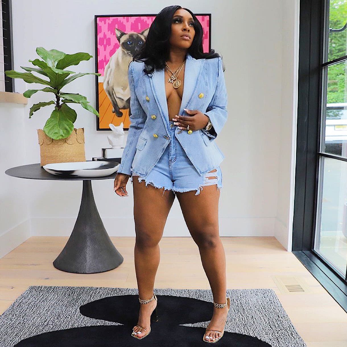 Women's Clothing Stars New Slim Fit Double Breasted Lion Button Denim Suit Jacket