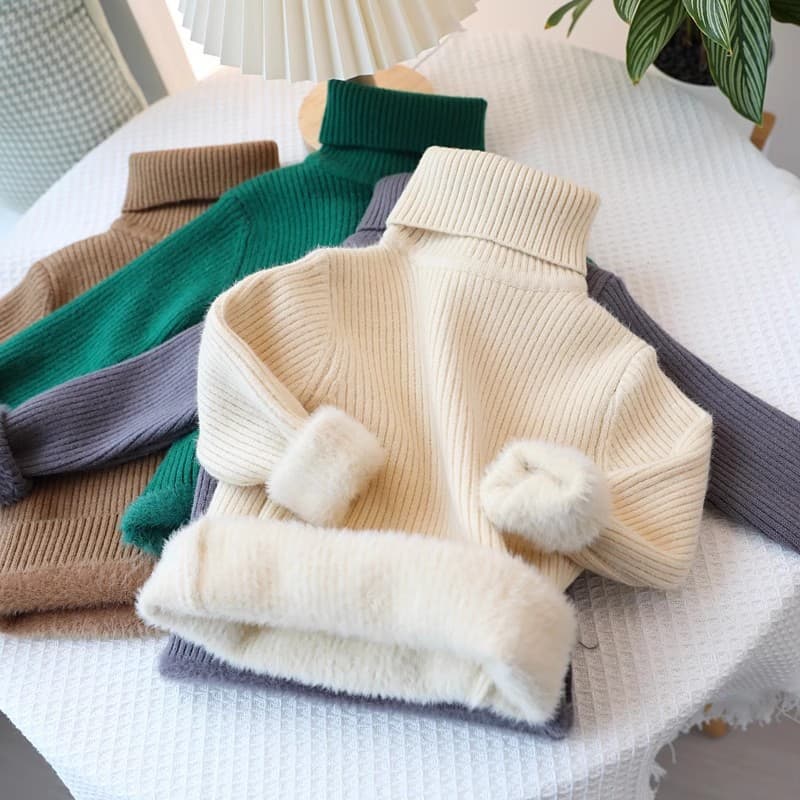Mother & Kids Children's Sweater Integrated Fleece Base Sweater Medium Children's Solid Color Turtleneck Pullover Jacket For Boys And Girls