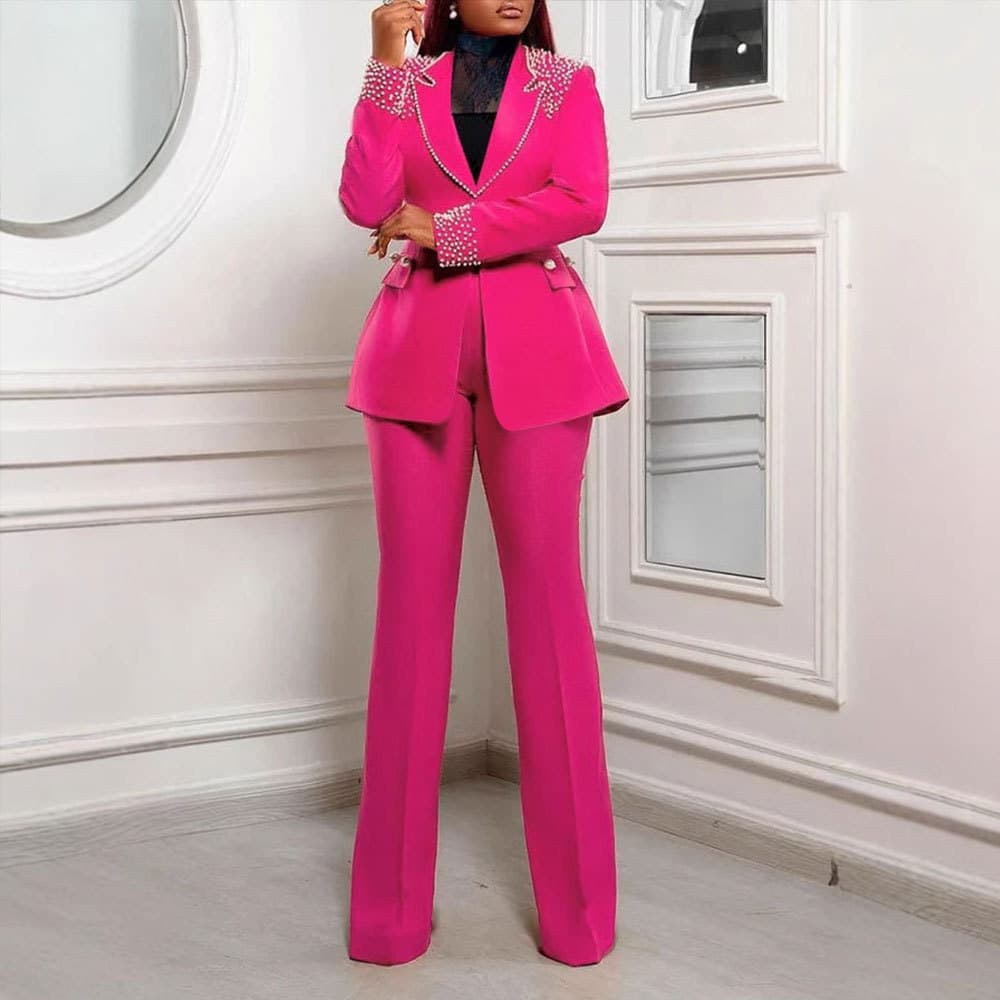 Women's Clothing Pearl Long Sleeved Slim Stretch Suit Two Piece Suit
