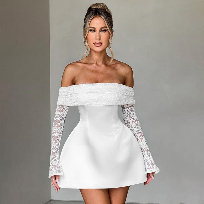Women's Clothing Autumn And Winter New Sexy Lace High Waist Slim Long Sleeve Short Dress