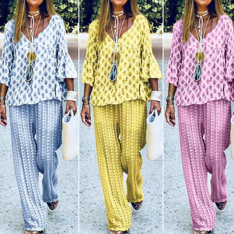 Women's Clothing Women's Printed Fashion Loose Casual Pants Set Short Sleeve V Neck Sportswear Summer