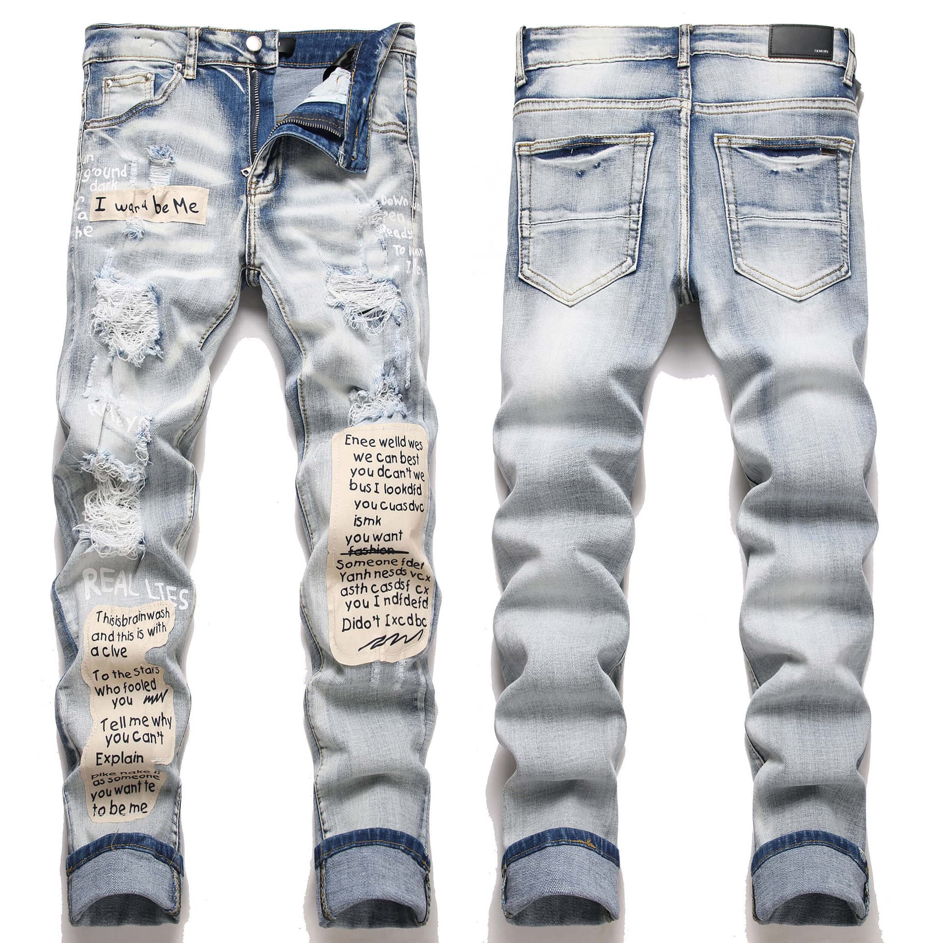 Men's Clothing Blue High Street Youth Embroidery Patch Embroidery Hole Elastic Tight Fitting Small Leg Men's Jeans