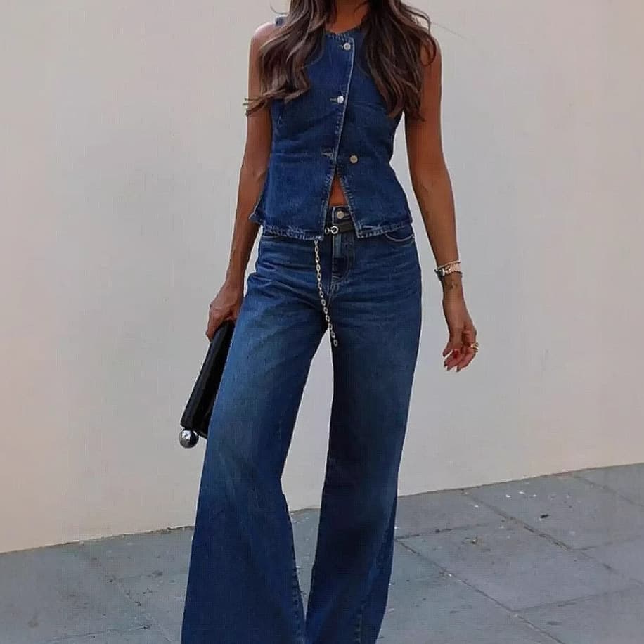 Women's Clothing Sleeveless Vest Fashion Wide Leg Denim Suit